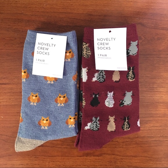 Novelty Crew Socks (Cat & Owl) - Picture 1 of 2